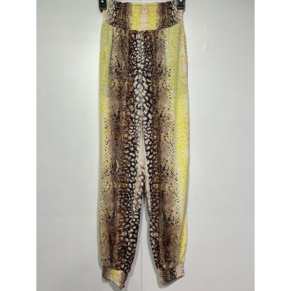 Bebe Jogger Pants Women S Brown Snakeskin Print Smocked Waist Boho Y2K Resort